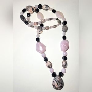 PINK ZEBRA JASPER, ROSE QUARTZ & BLACK ONYX BEAD NECKLACE